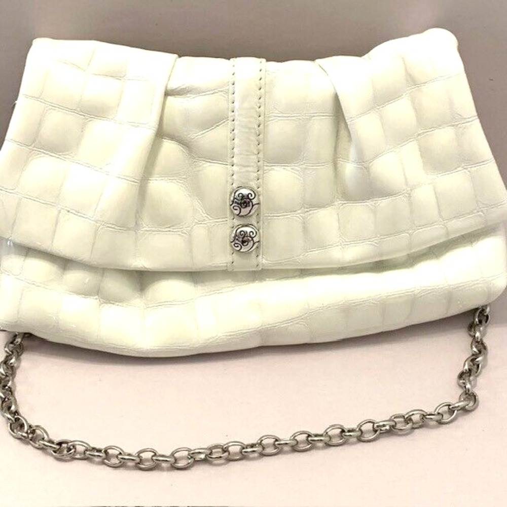 VTG Brighton White Quilted Leather Crossbody Handbag Purse Clutch Silver Chain